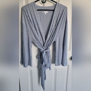 Lake Kimono Style Pajama Wrap Top Blue & White Stripe 3/4 Sleeves Size XL